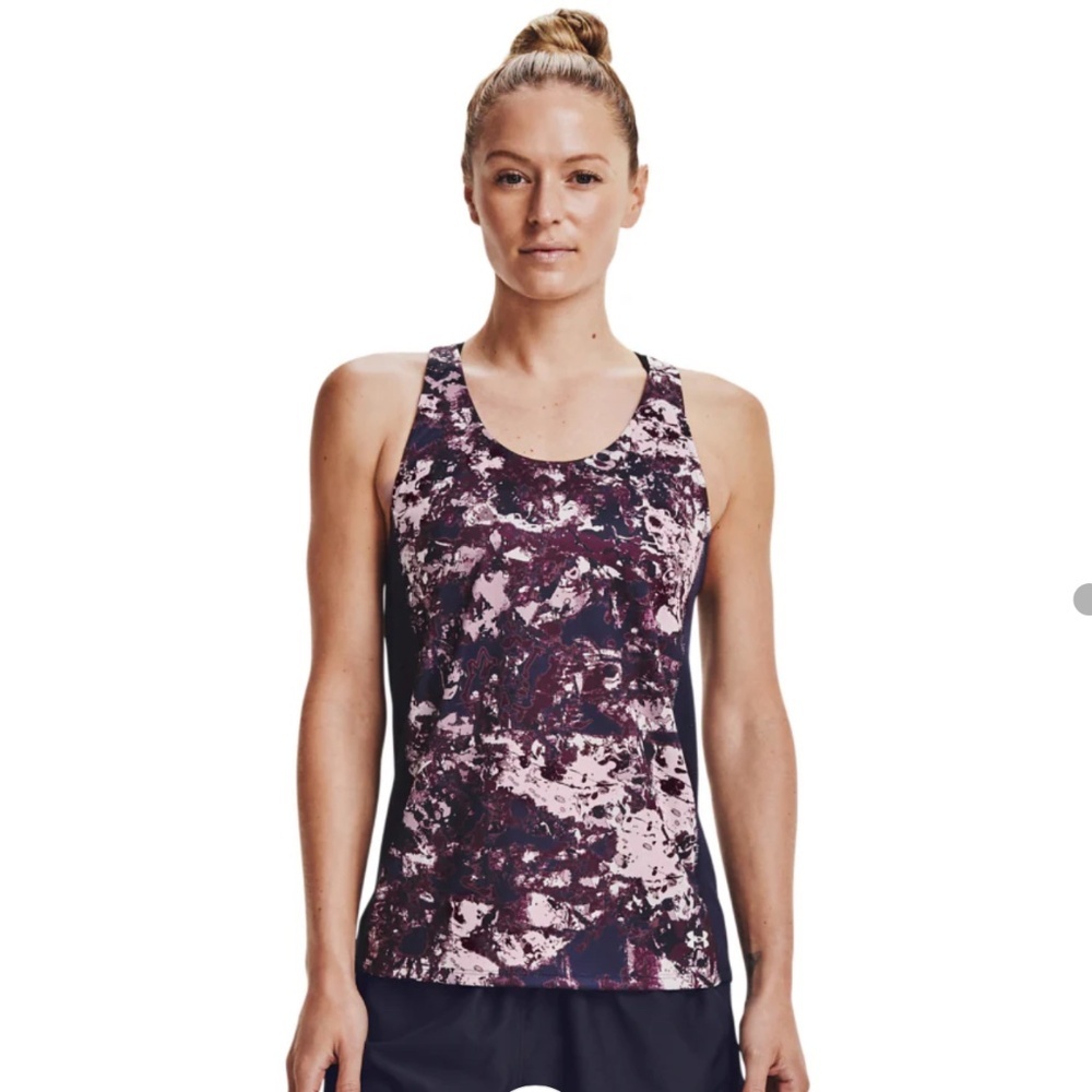 G18. Under Armour UA Fly-By Printed Tank in Blue/Maroon - PTP approx 20" (XL)